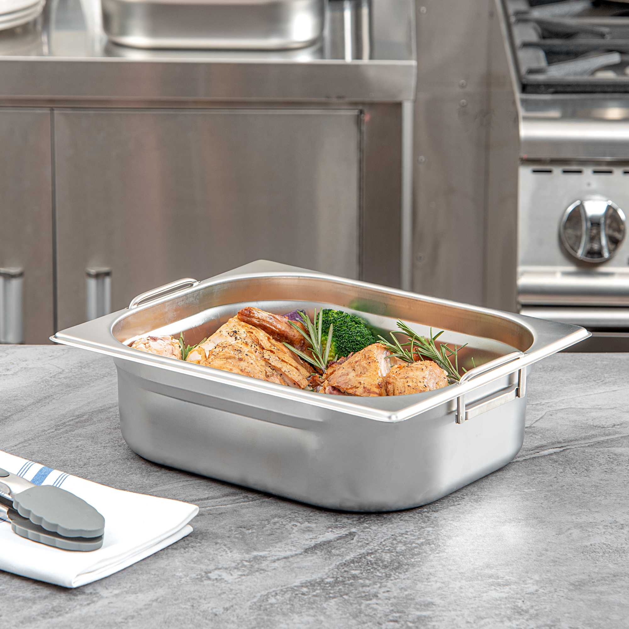 Met Lux Rectangle Stainless Steel 1/2 Size Steam Table Pan 4 Inch Deep - Anti Jam, Collapsible Handles - 1 count box