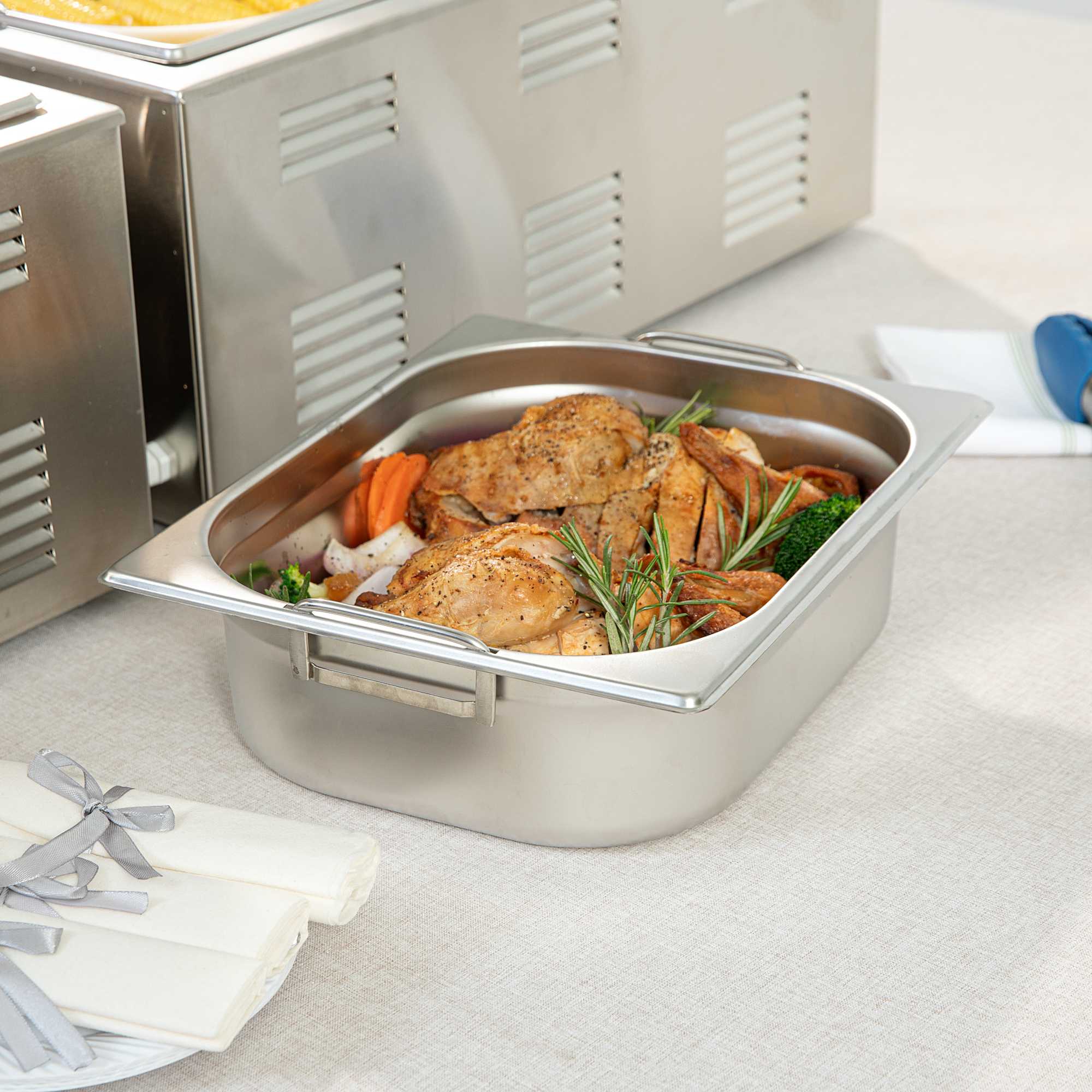 Met Lux Rectangle Stainless Steel 1/2 Size Steam Table Pan 4 Inch Deep - Anti Jam, Collapsible Handles - 1 count box
