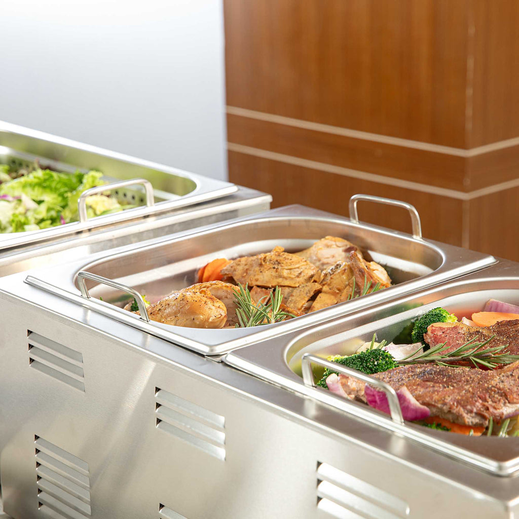 Met Lux Rectangle Stainless Steel 1/2 Size Steam Table Pan 4 Inch Deep - Anti Jam, Collapsible Handles - 1 count box