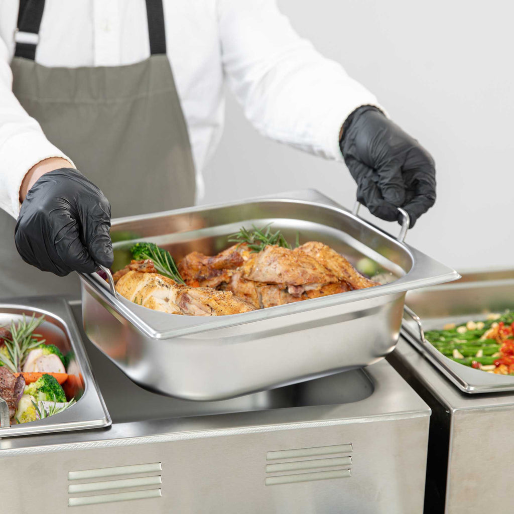 Met Lux Rectangle Stainless Steel 1/2 Size Steam Table Pan 4 Inch Deep - Anti Jam, Collapsible Handles - 1 count box