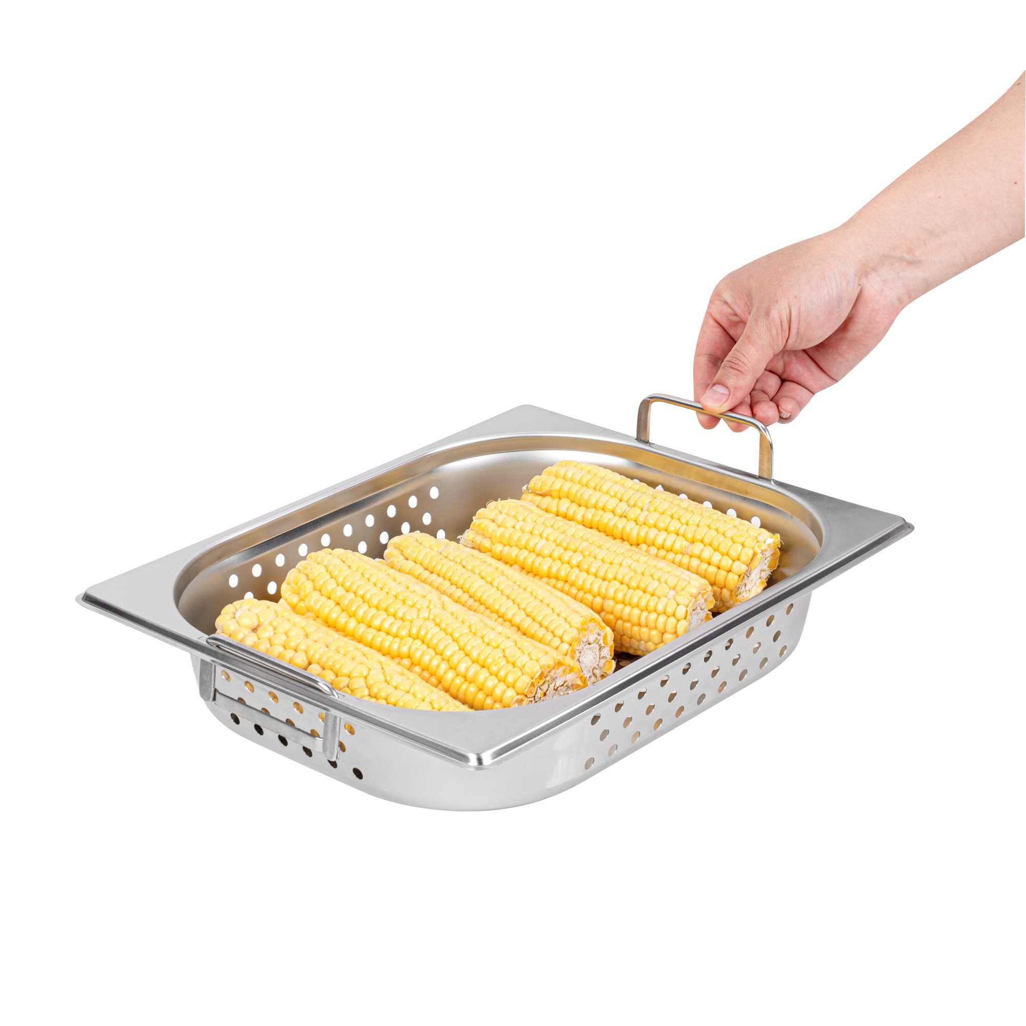 Met Lux Rectangle Stainless Steel 1/2 Size Steam Table Pan 2.5 Inch Deep - Perforated, Anti Jam, Collapsible Handles - 1 count box