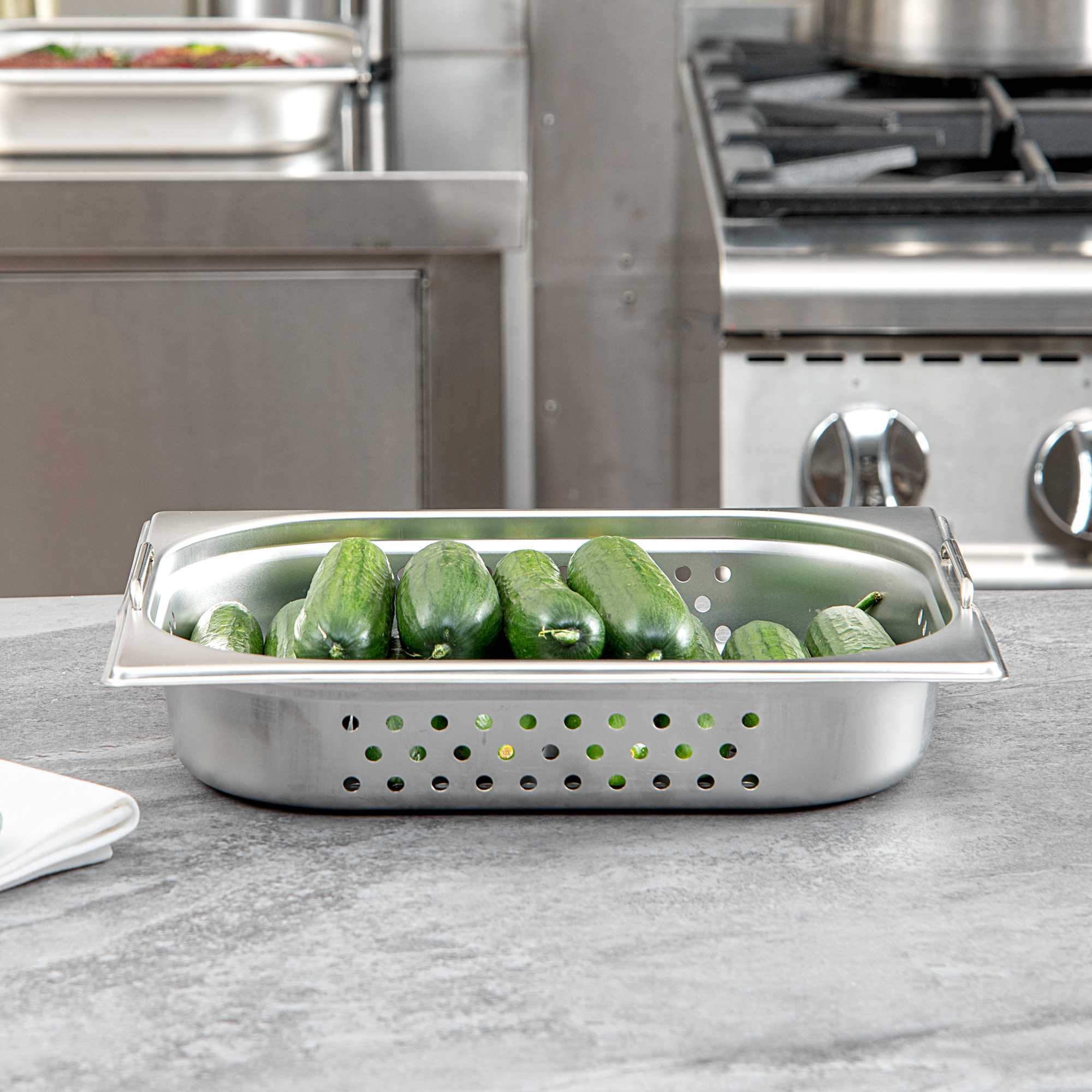 Met Lux Rectangle Stainless Steel 1/2 Size Steam Table Pan 2.5 Inch Deep - Perforated, Anti Jam, Collapsible Handles - 1 count box