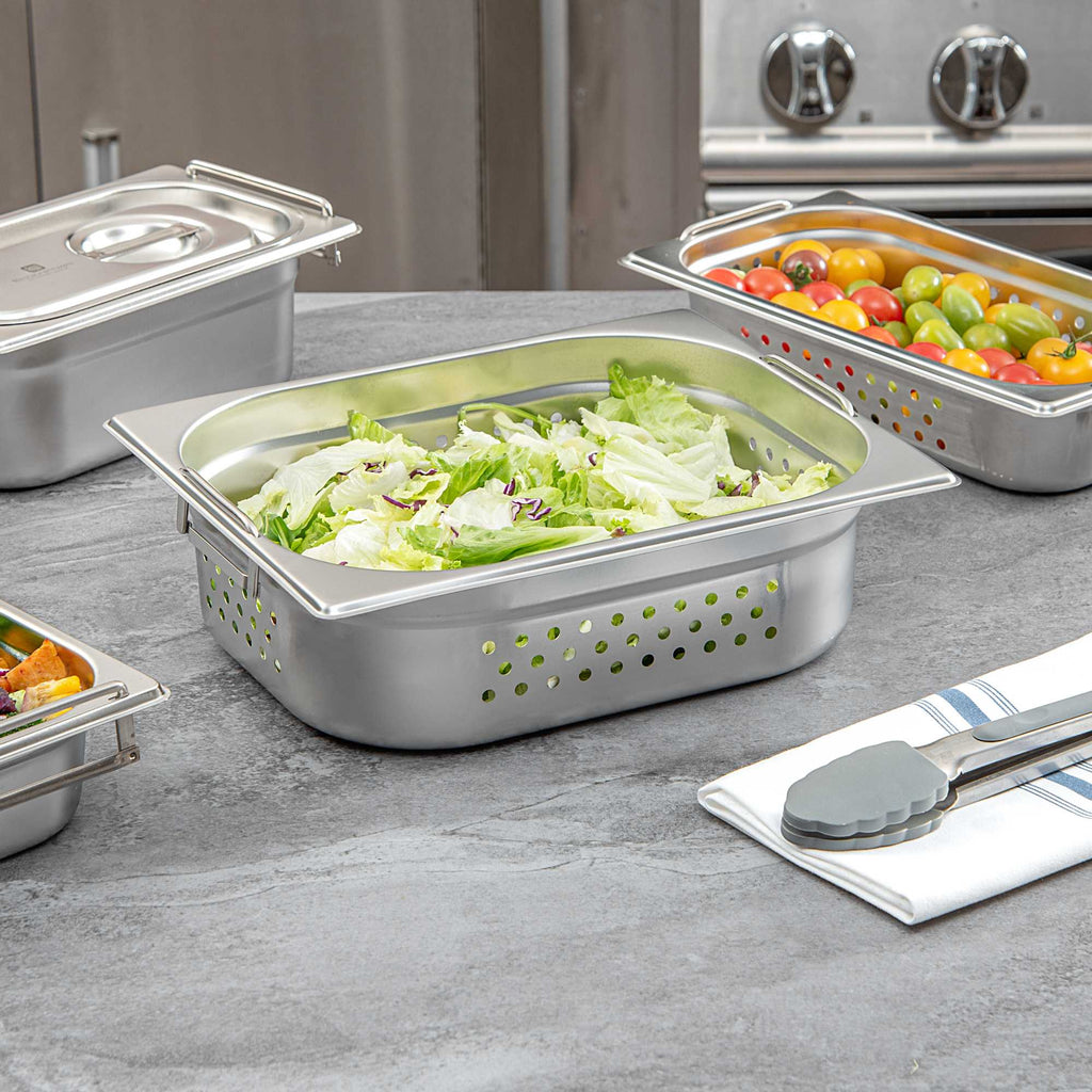 Met Lux Rectangle Stainless Steel 1/2 Size Steam Table Pan 4 Inch Deep - Perforated, Anti Jam, Collapsible Handles - 1 count box
