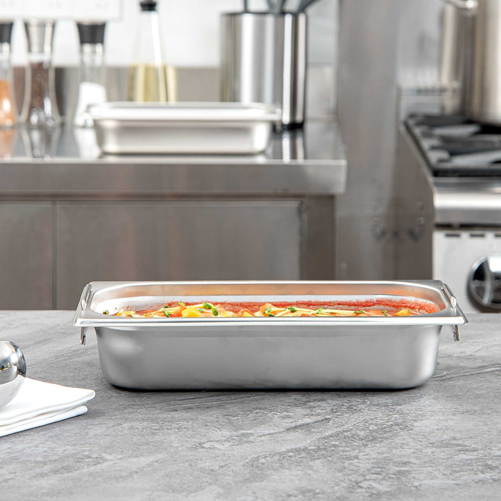 Met Lux Rectangle Stainless Steel 1/3 Size Steam Table Pan 2.5 Inch Deep - Anti Jam, Collapsible Handles - 1 count box