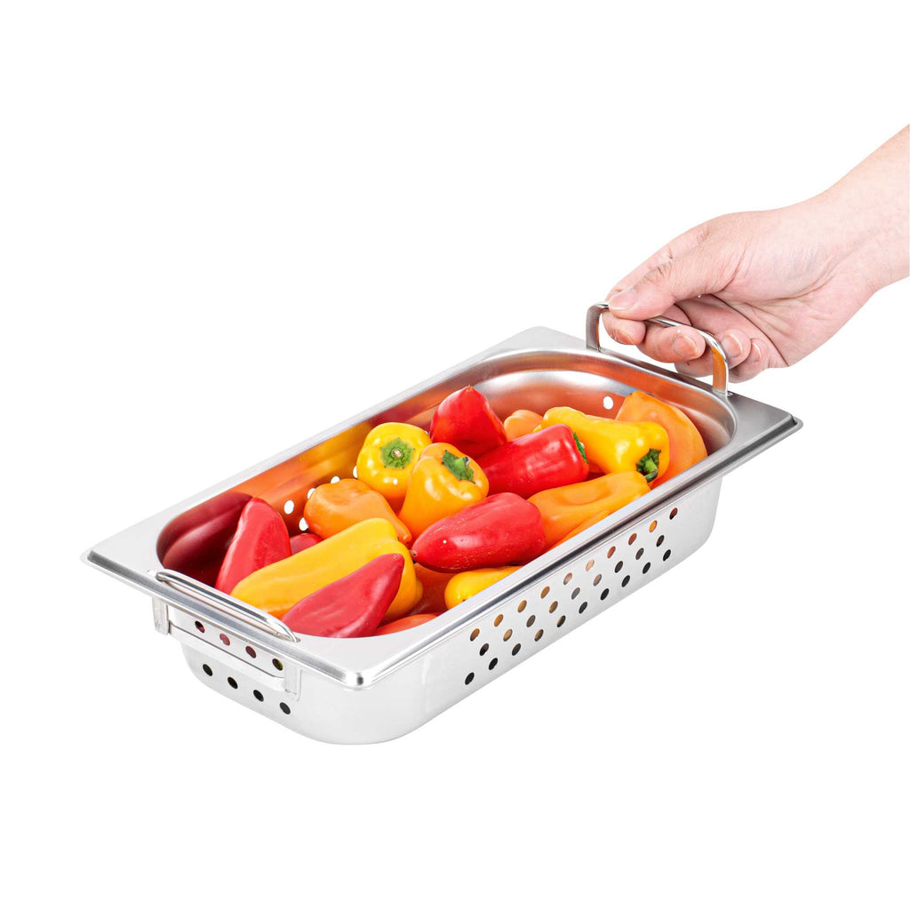Met Lux Rectangle Stainless Steel 1/3 Size Steam Table Pan 2.5 Inch Deep - Perforated, Anti Jam, Collapsible Handles - 1 count box