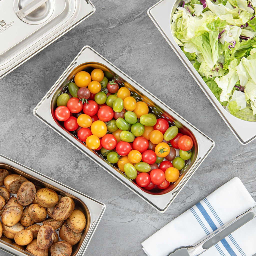 Met Lux Rectangle Stainless Steel 1/3 Size Steam Table Pan 2.5 Inch Deep - Perforated, Anti Jam, Collapsible Handles - 1 count box