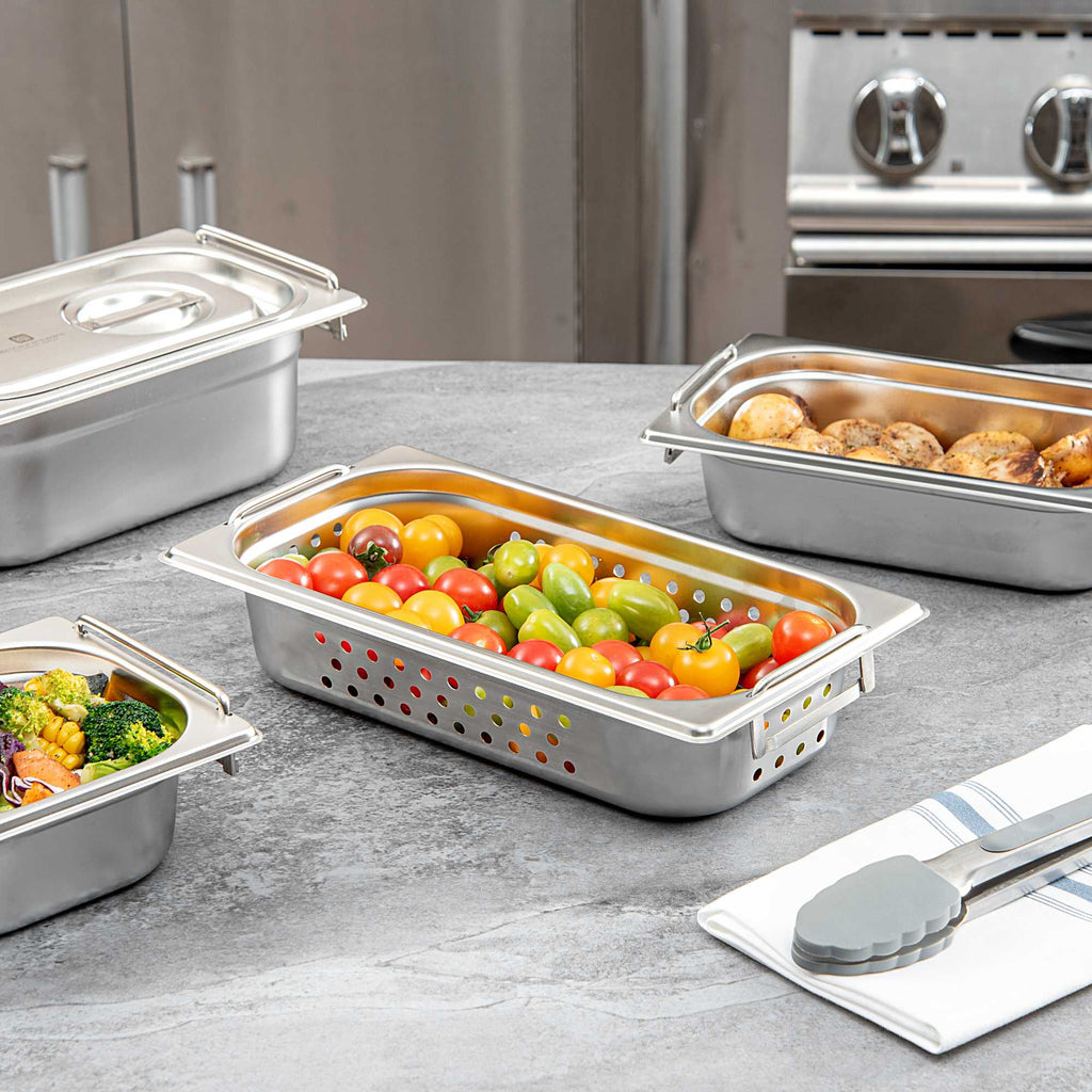 Met Lux Rectangle Stainless Steel 1/3 Size Steam Table Pan 2.5 Inch Deep - Perforated, Anti Jam, Collapsible Handles - 1 count box