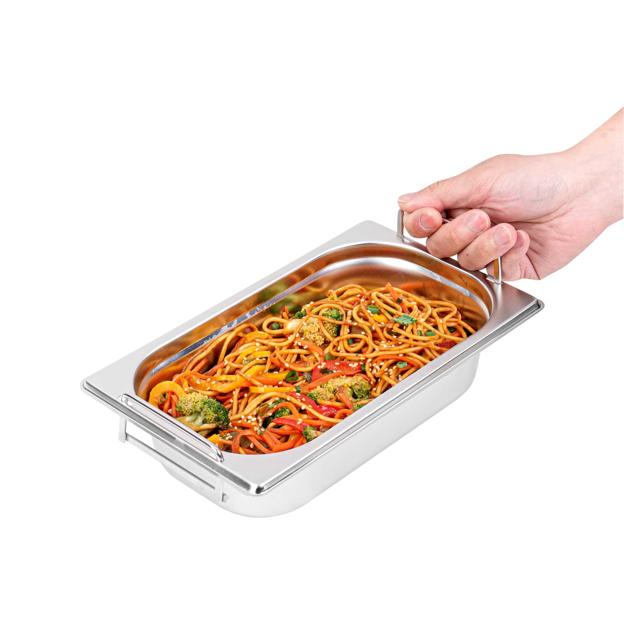 Met Lux Rectangle Stainless Steel 1/4 Size Steam Table Pan - 2.5 Inch Deep - Anti Jam, Collapsible Handles - 1 count box