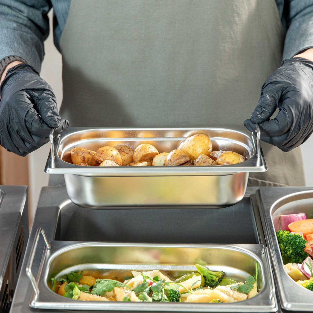 Met Lux Rectangle Stainless Steel 1/4 Size Steam Table Pan - 2.5 Inch Deep - Anti Jam, Collapsible Handles - 1 count box