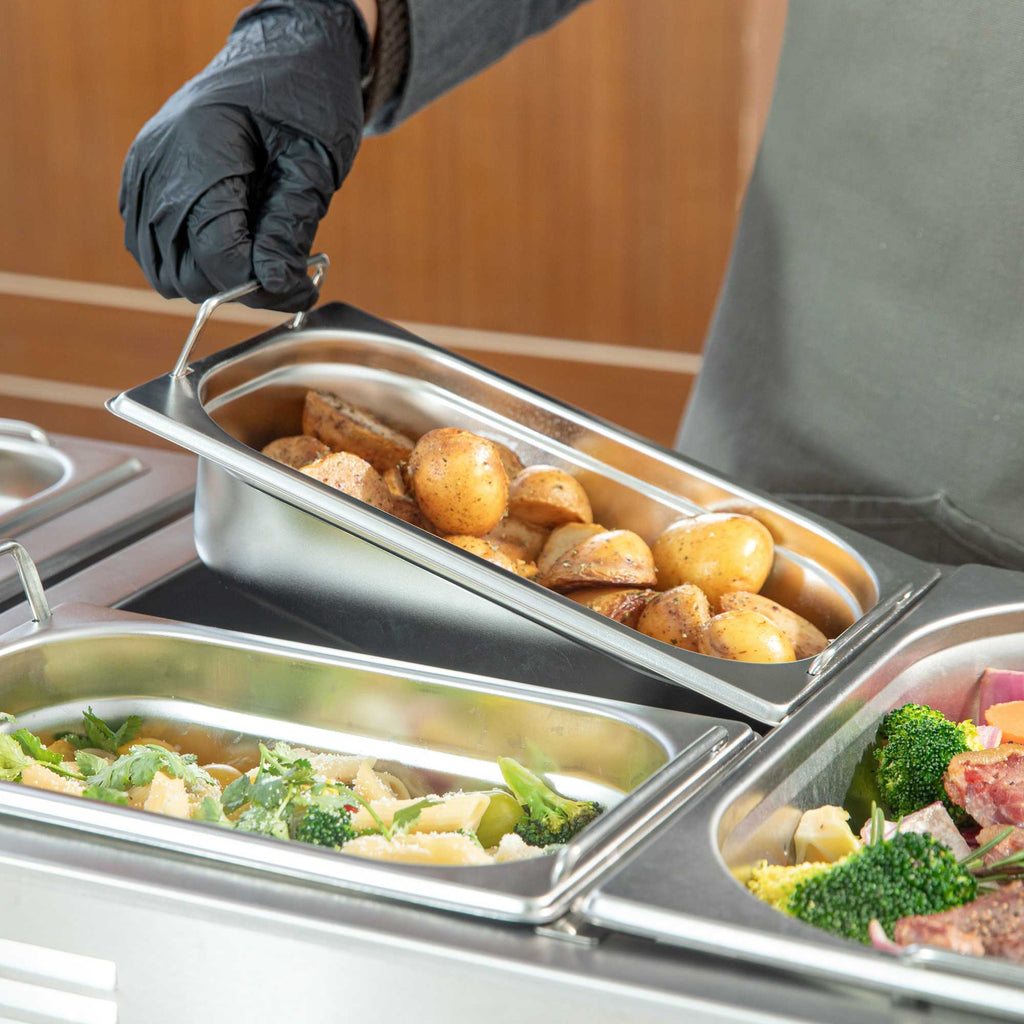 Met Lux Rectangle Stainless Steel 1/4 Size Steam Table Pan - 2.5 Inch Deep - Anti Jam, Collapsible Handles - 1 count box