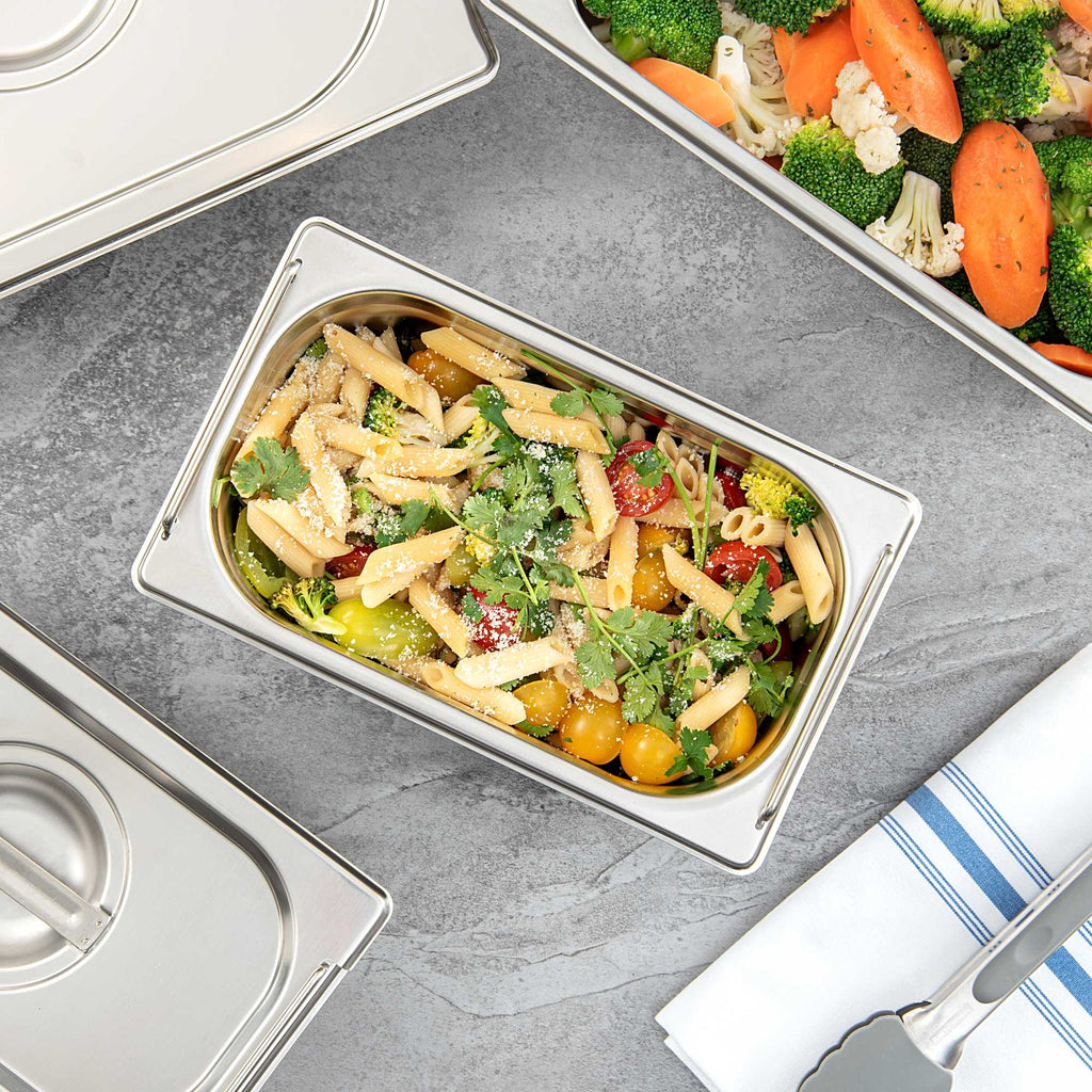 Met Lux Rectangle Stainless Steel 1/4 Size Steam Table Pan - 4 Inch Deep - Anti Jam, Collapsible Handles - 1 count box