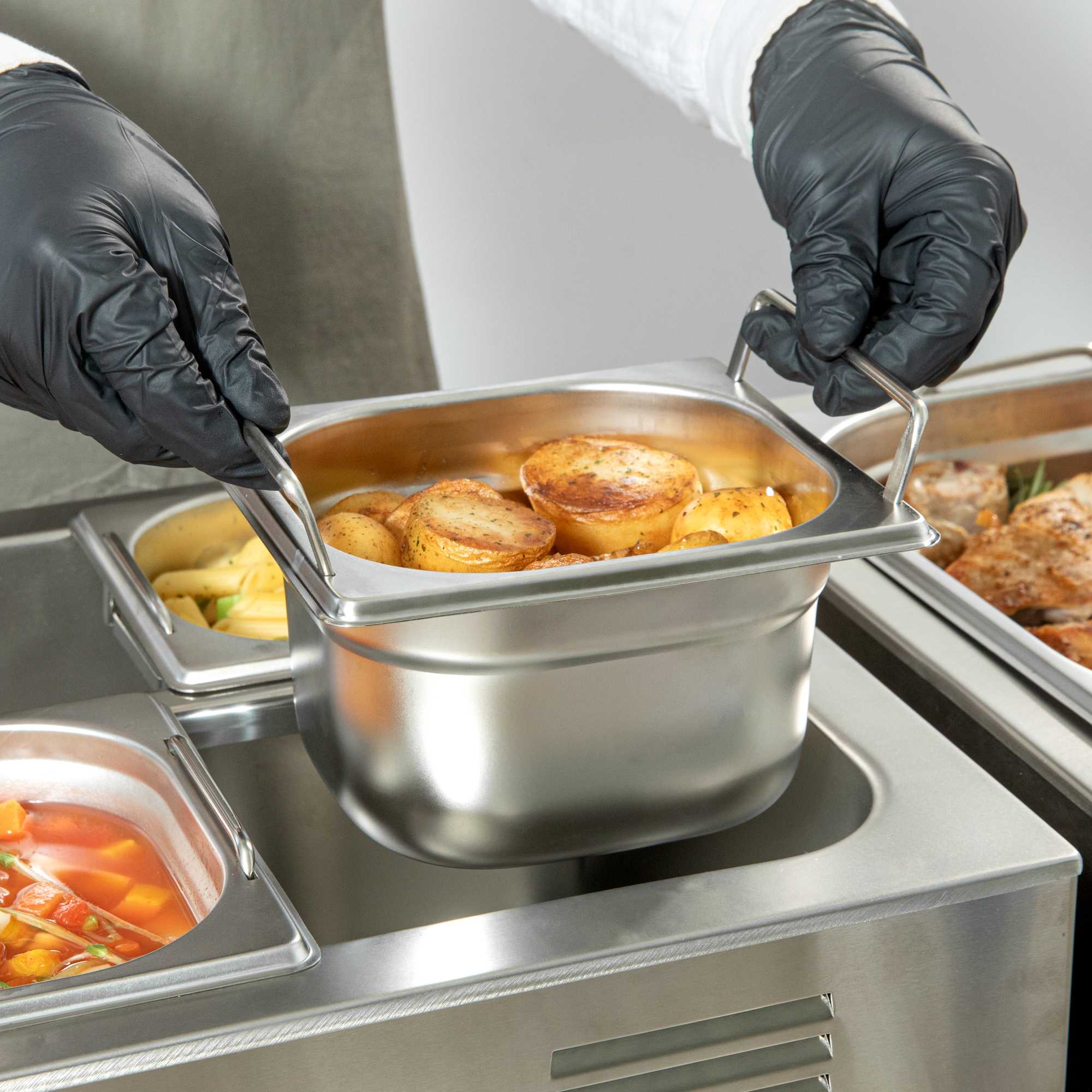 Met Lux Rectangle Stainless Steel 1/6 Size Steam Table Pan 4 Inch Deep - Anti Jam, Collapsible Handles - 1 count box