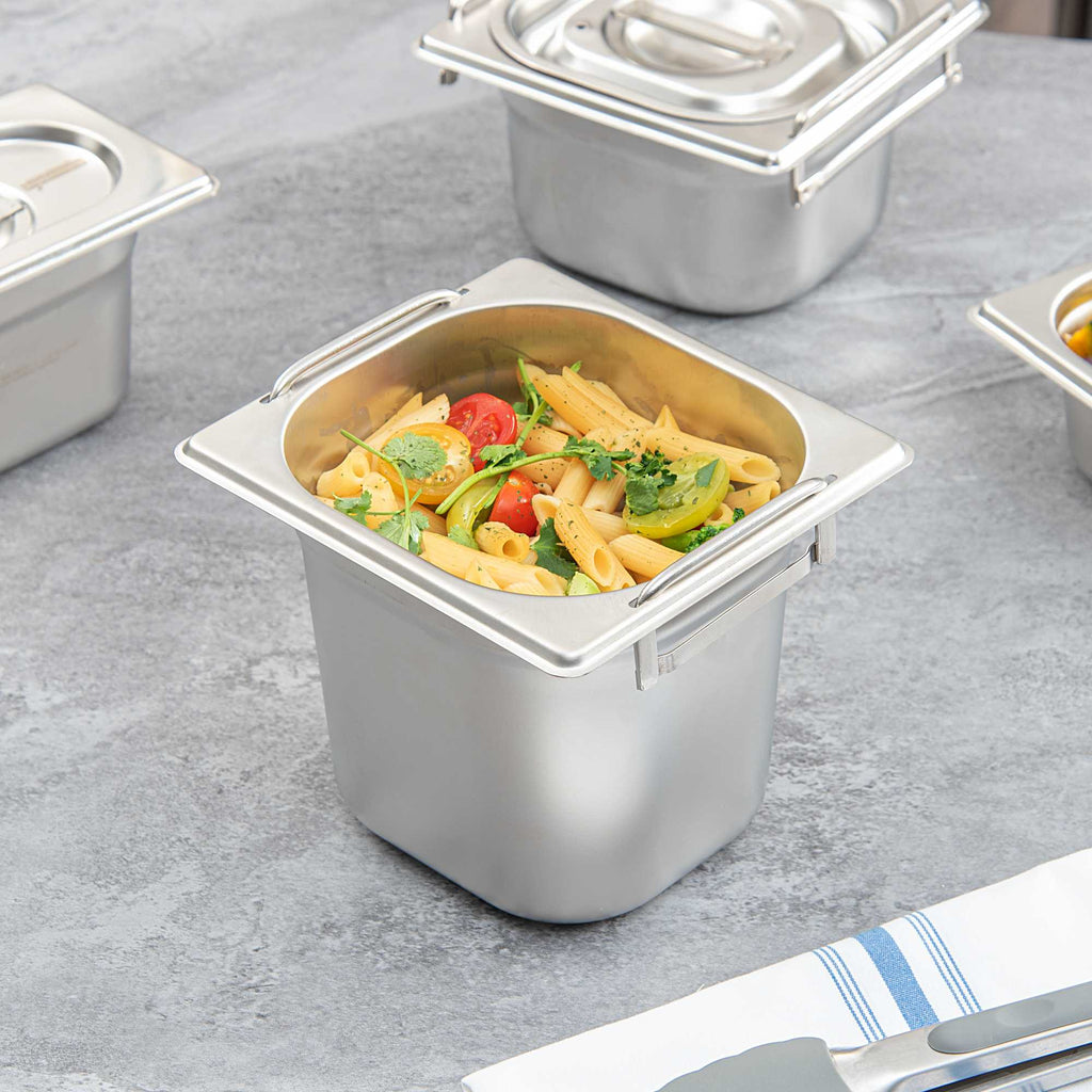 Met Lux Rectangle Stainless Steel 1/6 Size Steam Table Pan - Anti Jam, Collapsible Handles - 1 count box