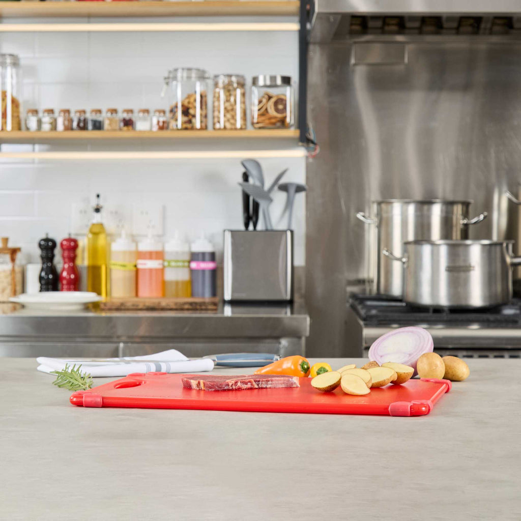 Sure Grip Red Plastic Cutting Board - Non-Slip, Measurement Markers, Carrying Handle - 12" x 18" - 1 count box