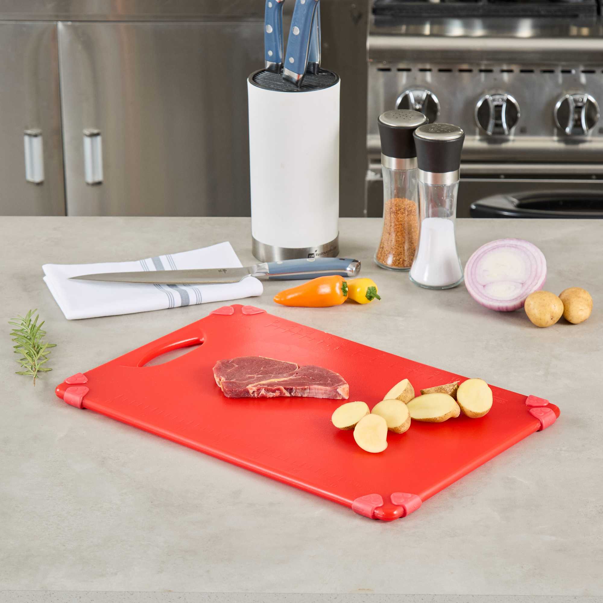 Sure Grip Red Plastic Cutting Board - Non-Slip, Measurement Markers, Carrying Handle - 12" x 18" - 1 count box