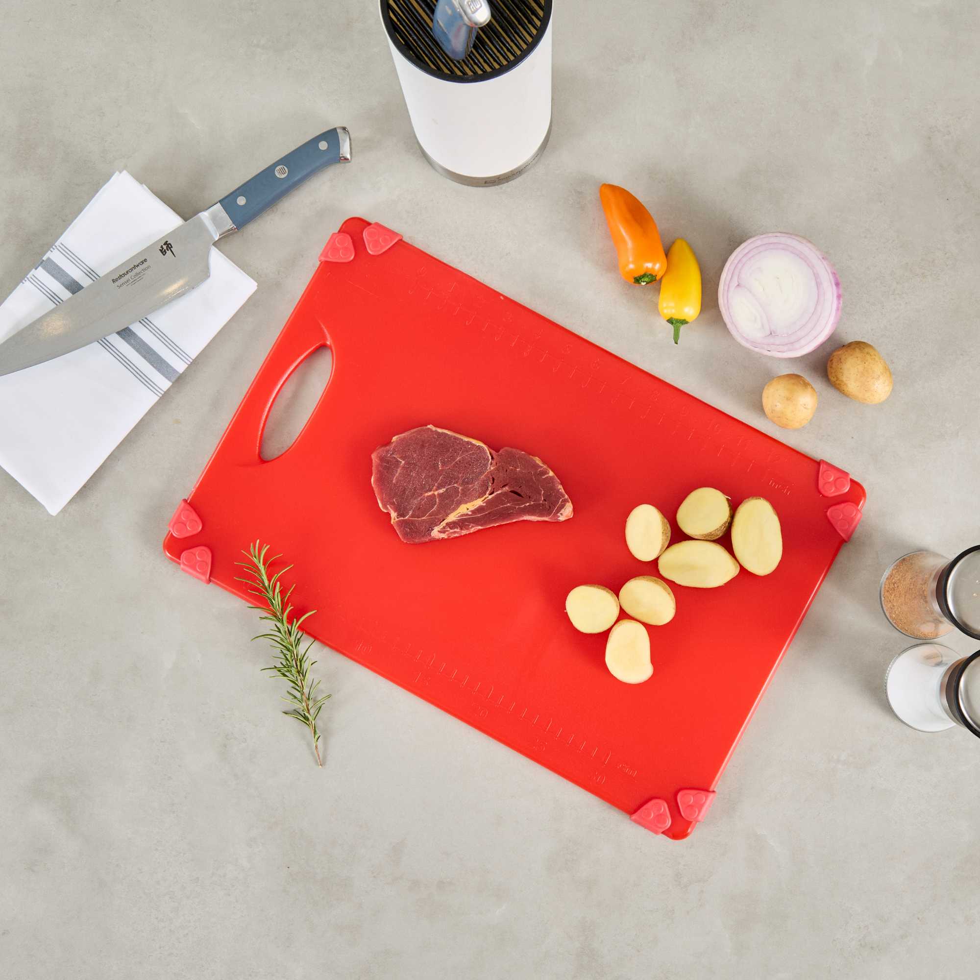 Sure Grip Red Plastic Cutting Board - Non-Slip, Measurement Markers, Carrying Handle - 12" x 18" - 1 count box
