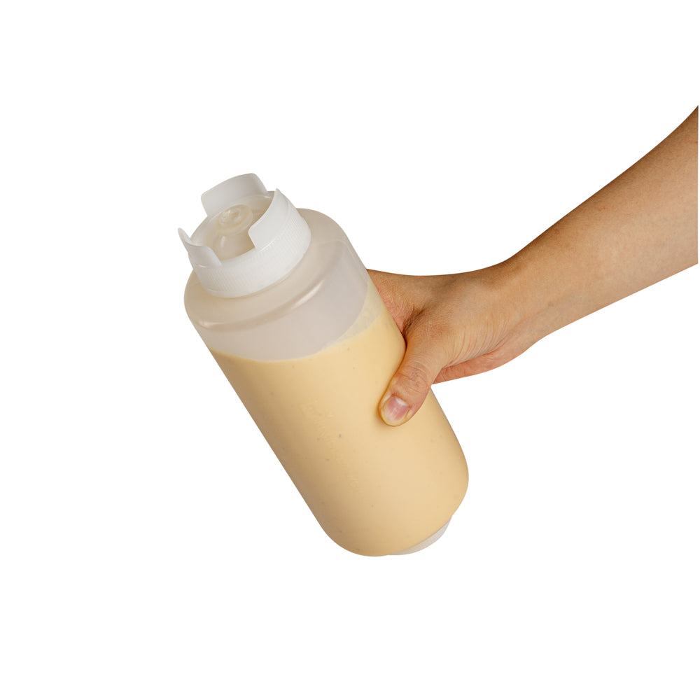 First In First Out 32 oz Clear Plastic Squeeze Bottle - Inverted, Refill & Dispensing Lid - 3 1/2" x 3 1/2" x 9" - 1 count box