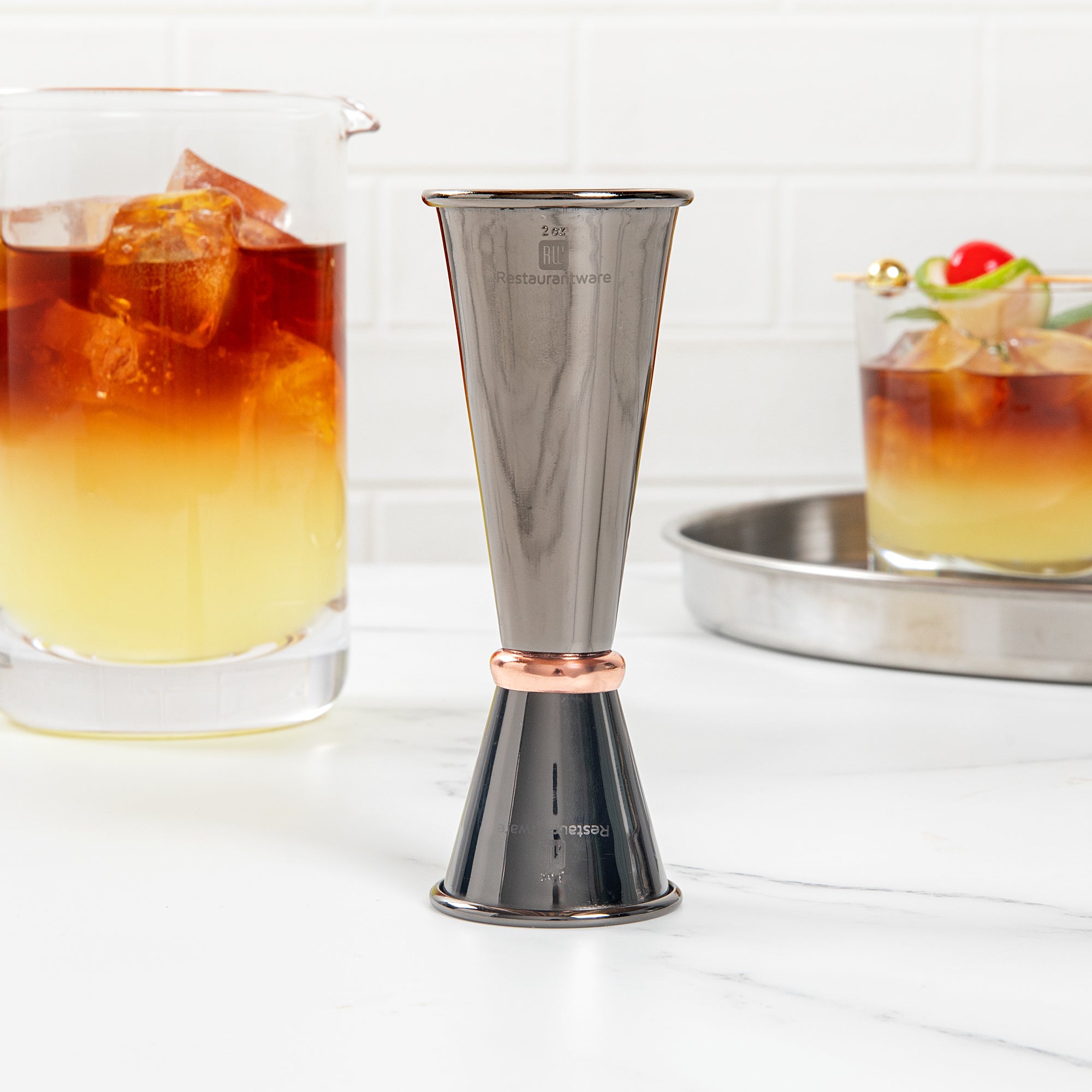 Bar Lux 1 oz / 2 oz Black-Plated Stainless Steel Jigger - Japanese Style, Copper-Plated Ring - 1 count box