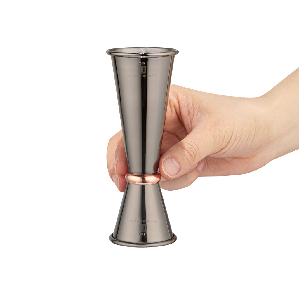 Bar Lux 1 oz / 2 oz Black-Plated Stainless Steel Jigger - Japanese Style, Copper-Plated Ring - 1 count box