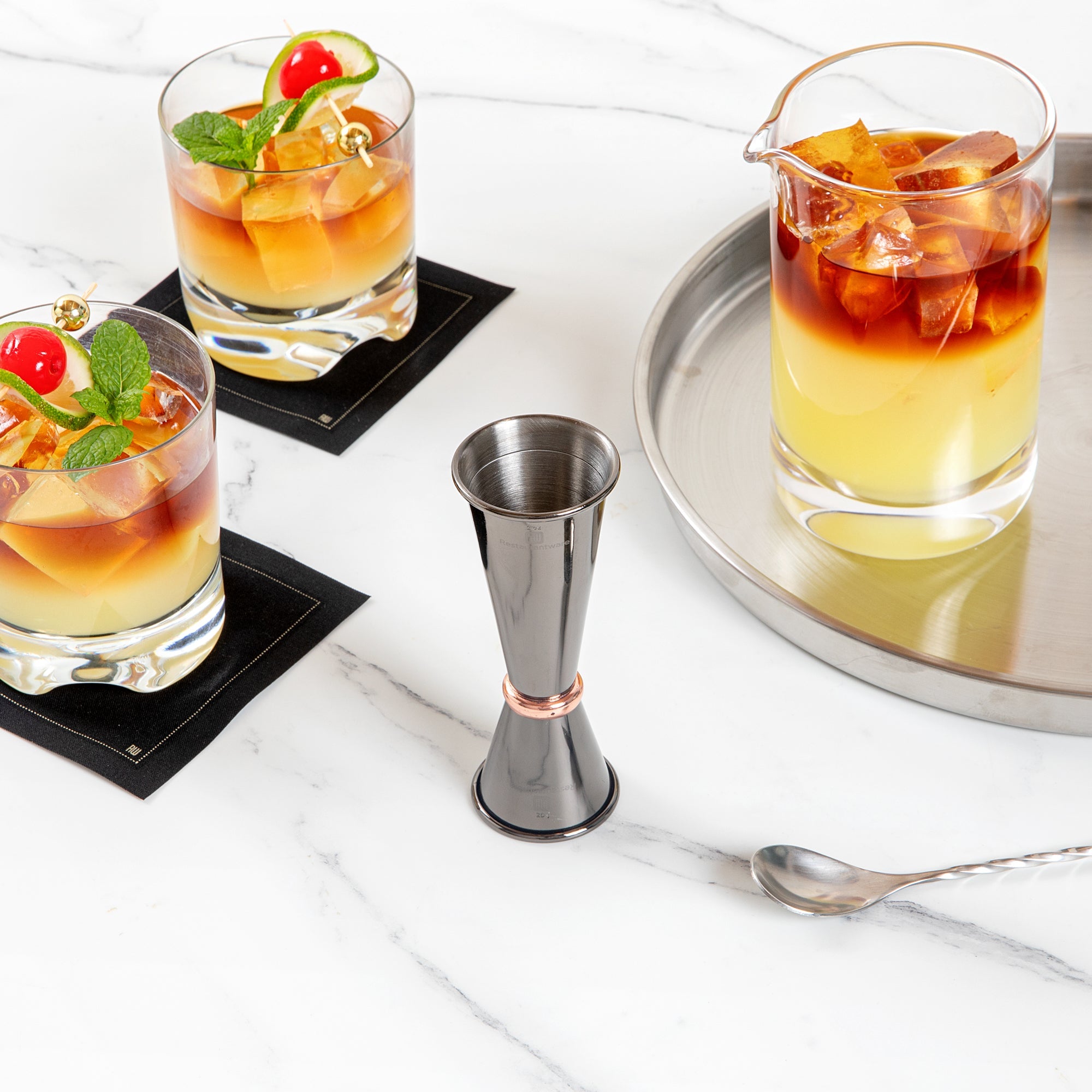 Bar Lux 1 oz / 2 oz Black-Plated Stainless Steel Jigger - Japanese Style, Copper-Plated Ring - 1 count box