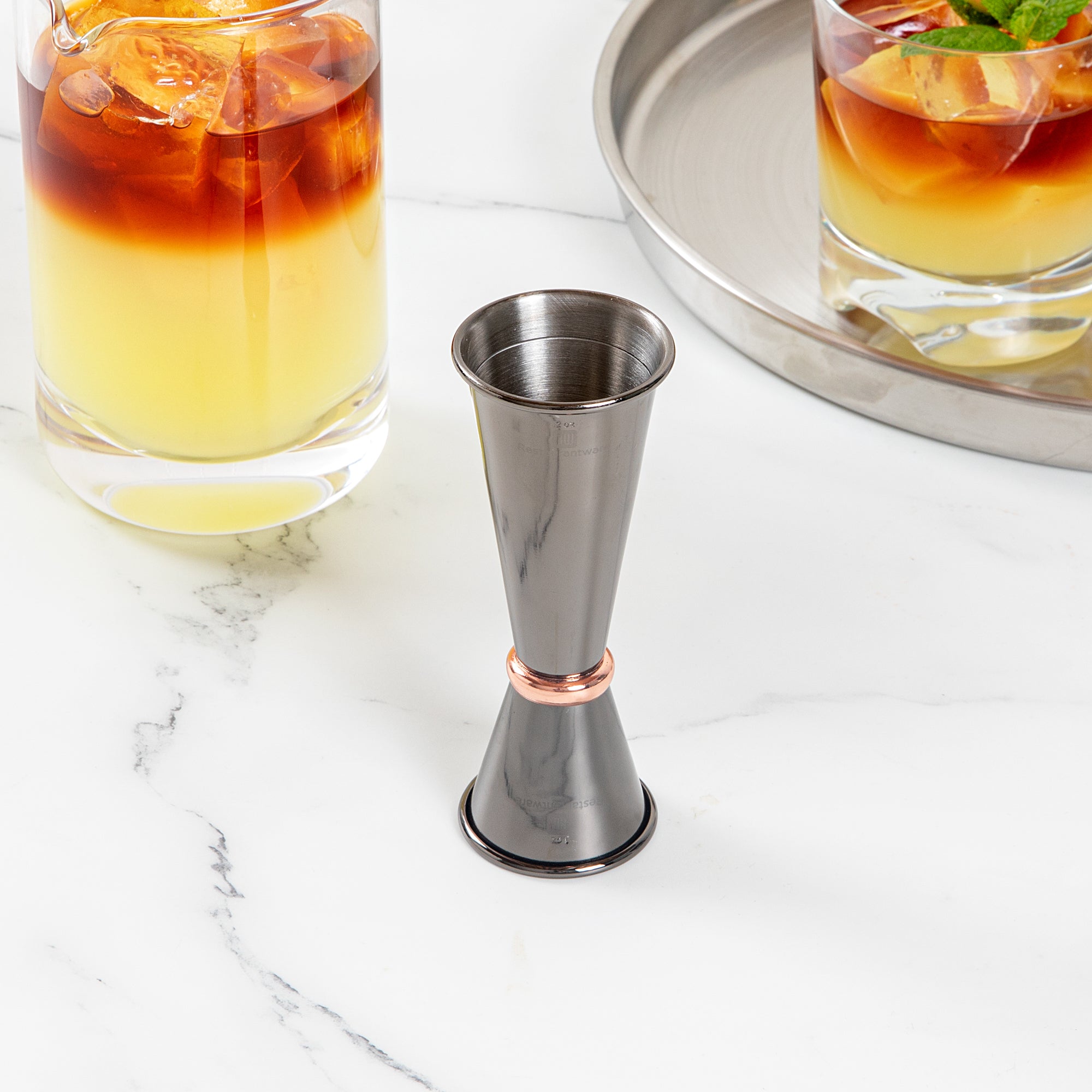Bar Lux 1 oz / 2 oz Black-Plated Stainless Steel Jigger - Japanese Style, Copper-Plated Ring - 1 count box