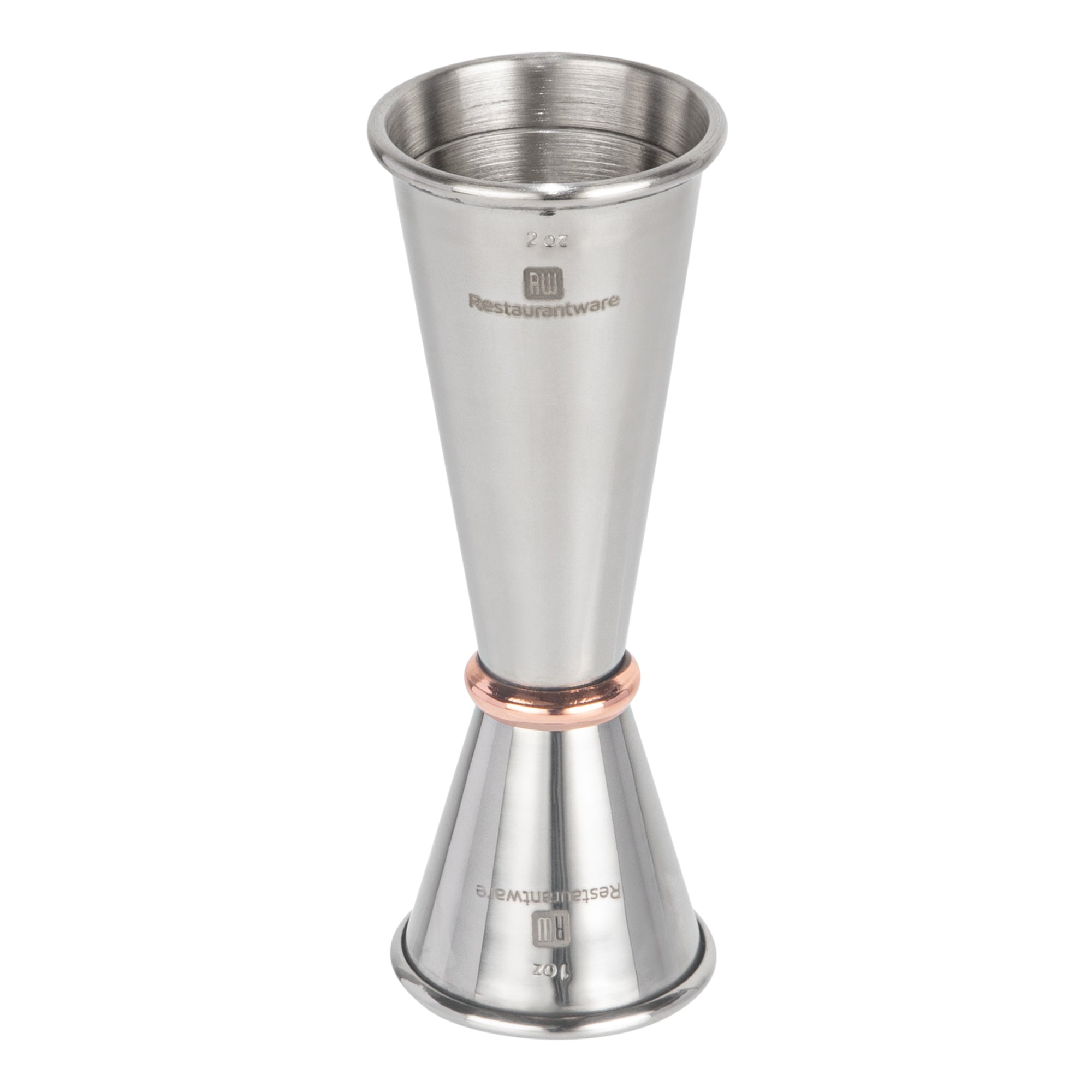 Bar Lux 1 oz / 2 oz Stainless Steel Jigger - Japanese Style, Mirrored Finish, Copper-Plated Ring - 1 count box