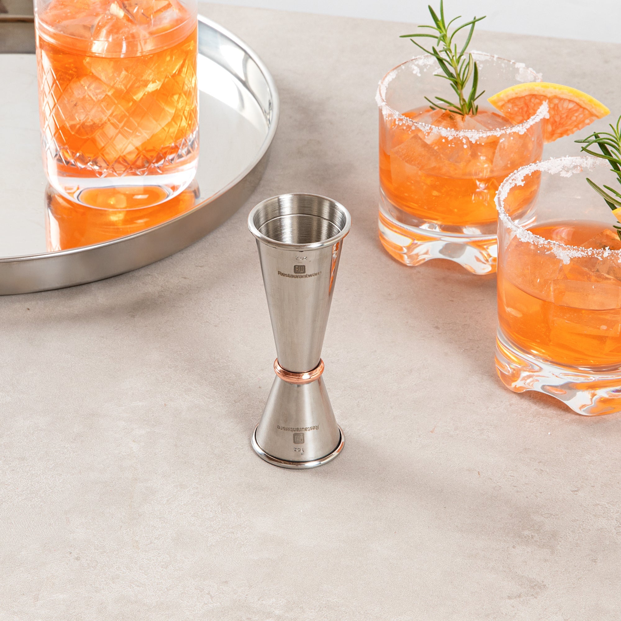 Bar Lux 1 oz / 2 oz Stainless Steel Jigger - Japanese Style, Mirrored Finish, Copper-Plated Ring - 1 count box
