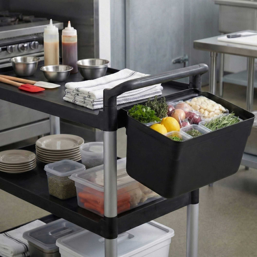 RW Clean Black Plastic Attachable Small Bus Tub - Fits Heavy-Duty Rolling Utility Cart - 13" x 9 1/4" x 7" - 1 count box