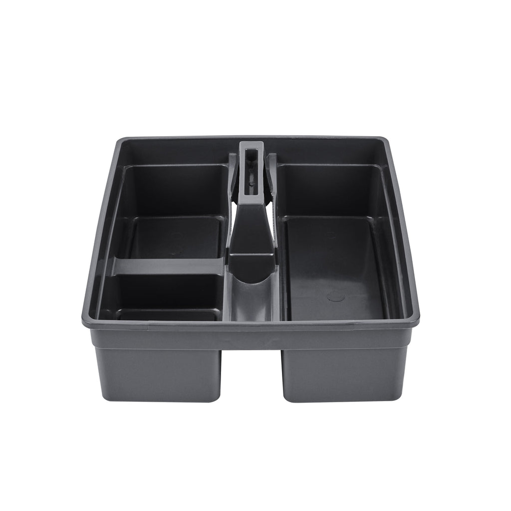 RW Clean Black Plastic Cleaning Caddy - 3 Compartments, with Handle - 15 1/4" x 13 1/4" x 6 3/4" - 1 count box