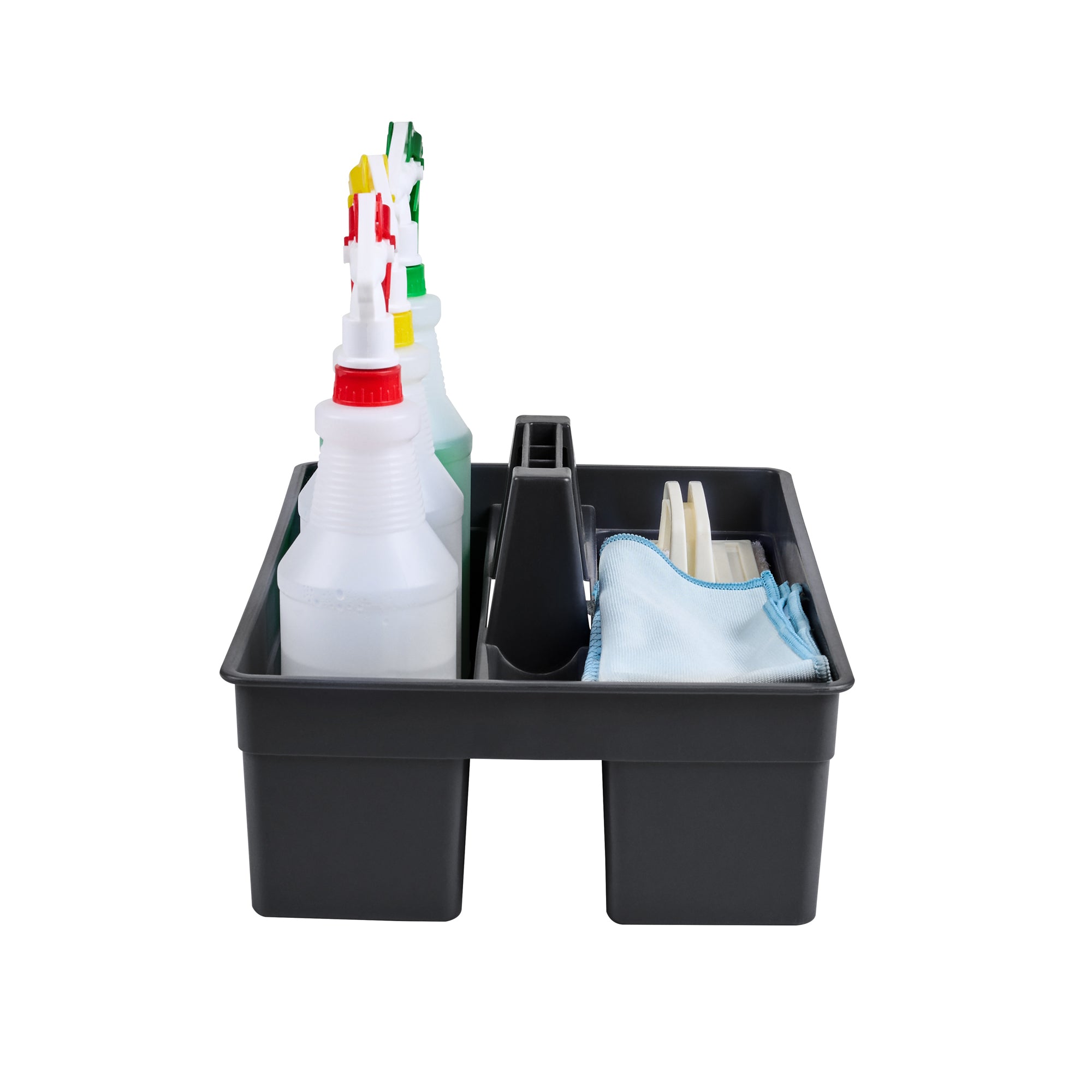 RW Clean Black Plastic Cleaning Caddy - 3 Compartments, with Handle - 16" x 10 1/2" x 7" - 1 count box