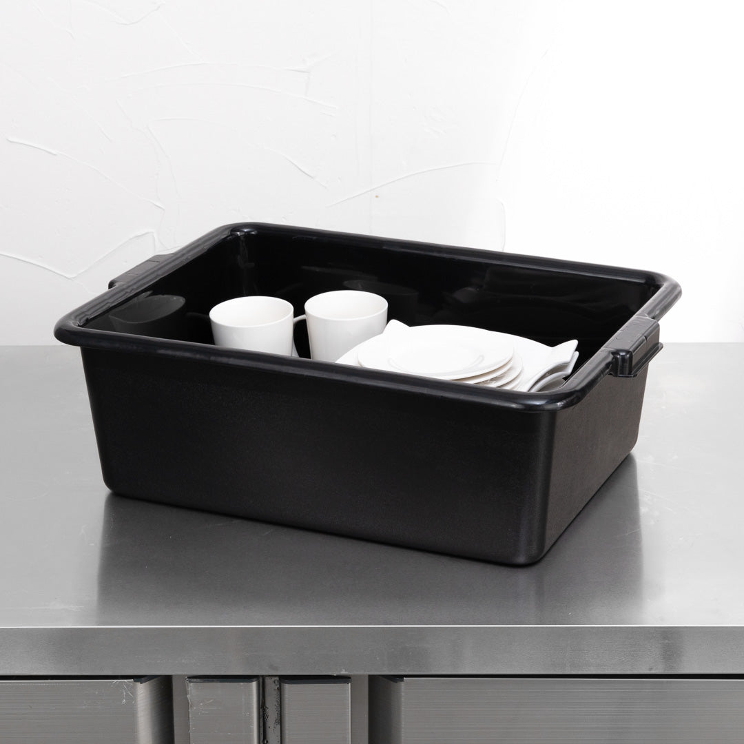 RW Clean Black Plastic Bus Tub - Deep, Easy Grip - 22" x 15 3/4" x 7" - 12 count box