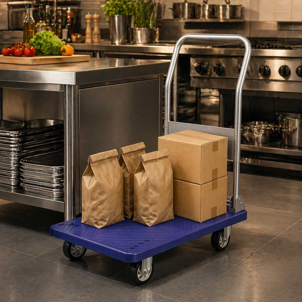 RW Clean Blue Plastic Large Folding Platform Cart - 660 lb Capacity - 35 1/2" x 23 1/4" x 27 3/4" - 1 count box