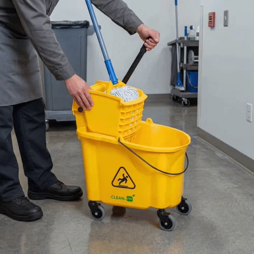 RW Clean 38 qt Yellow Plastic Mop Bucket - with Side Press Wringer - 22 1/2" x 16 1/4" x 36 1/2" - 1 count box