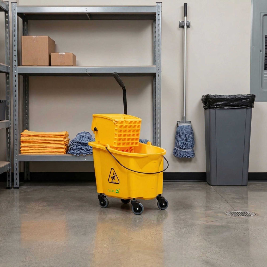 RW Clean 38 qt Yellow Plastic Mop Bucket - with Side Press Wringer - 22 1/2" x 16 1/4" x 36 1/2" - 1 count box