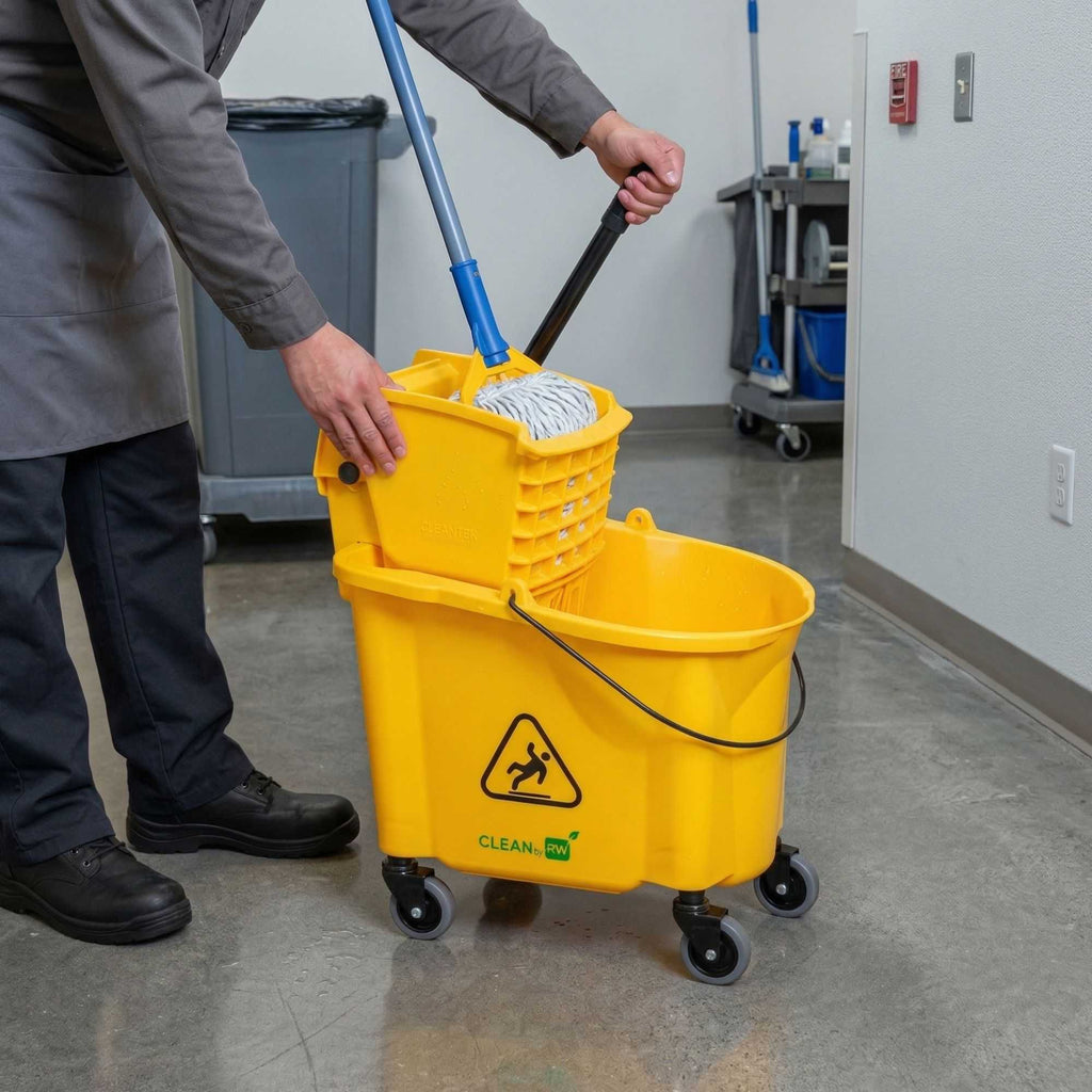 RW Clean 38 qt Yellow Plastic Mop Bucket - with Side Press Wringer - 22 1/2" x 16 1/4" x 36 1/2" - 1 count box