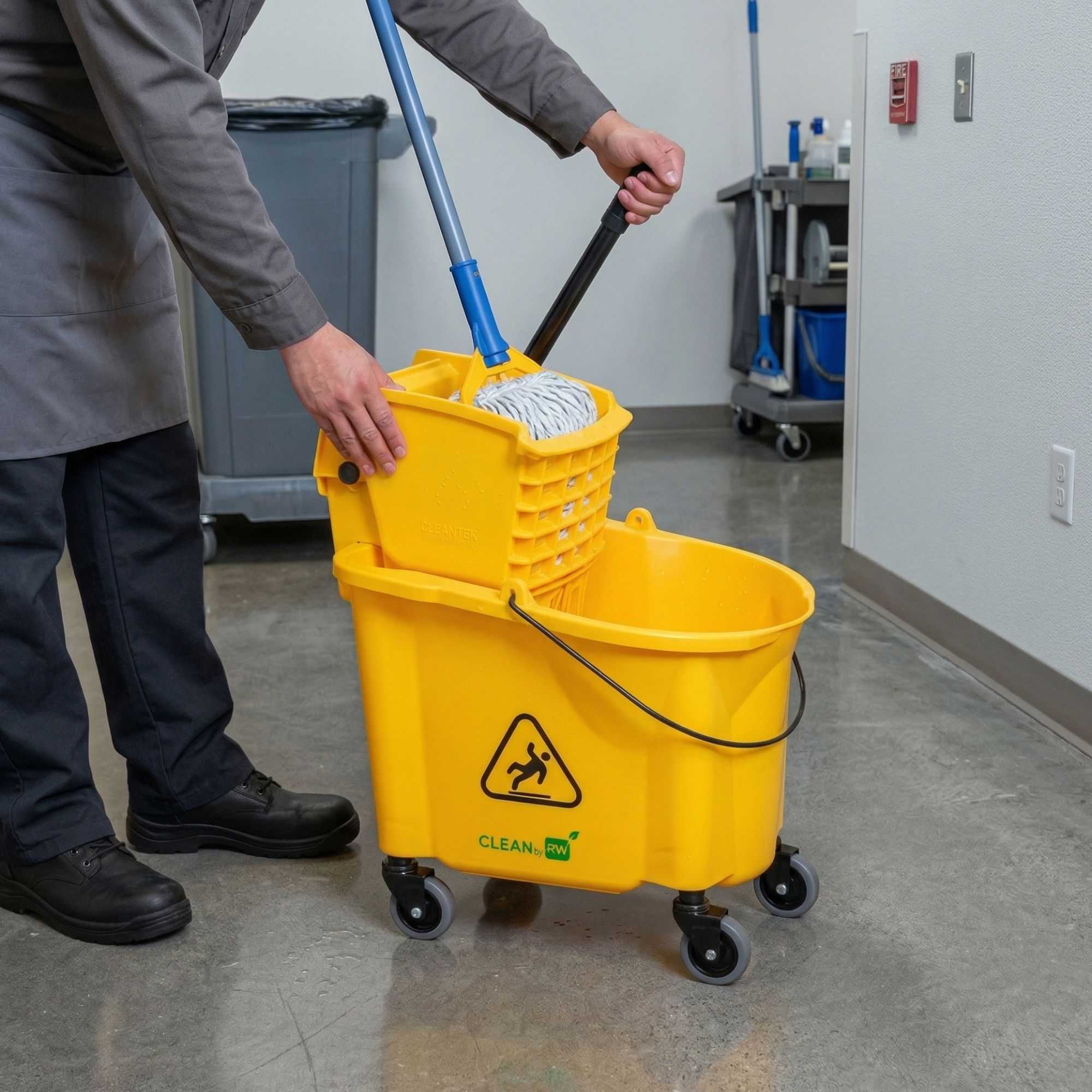 RW Clean 38 qt Yellow Plastic Mop Bucket - with Side Press Wringer - 22 1/2" x 16 1/4" x 36 1/2" - 1 count box