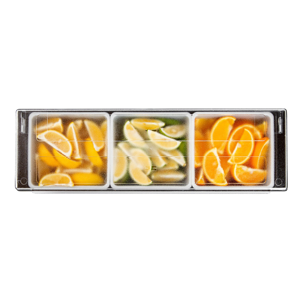 Bar Lux Black Plastic Condiment Caddy - 3 Compartments - 19 1/2" x 6 1/4" x 3 3/4" - 1 count box