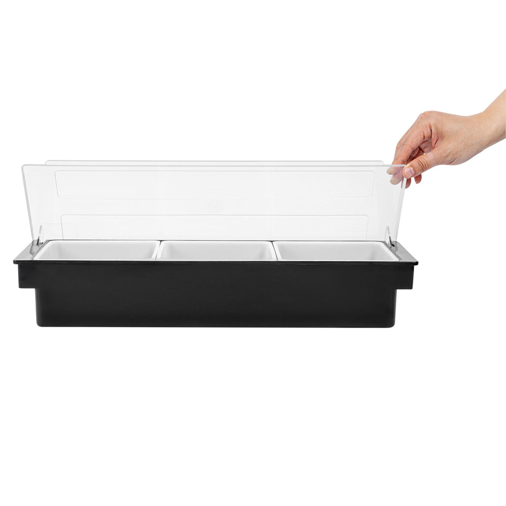 Bar Lux Black Plastic Condiment Caddy - 3 Compartments - 19 1/2" x 6 1/4" x 3 3/4" - 1 count box