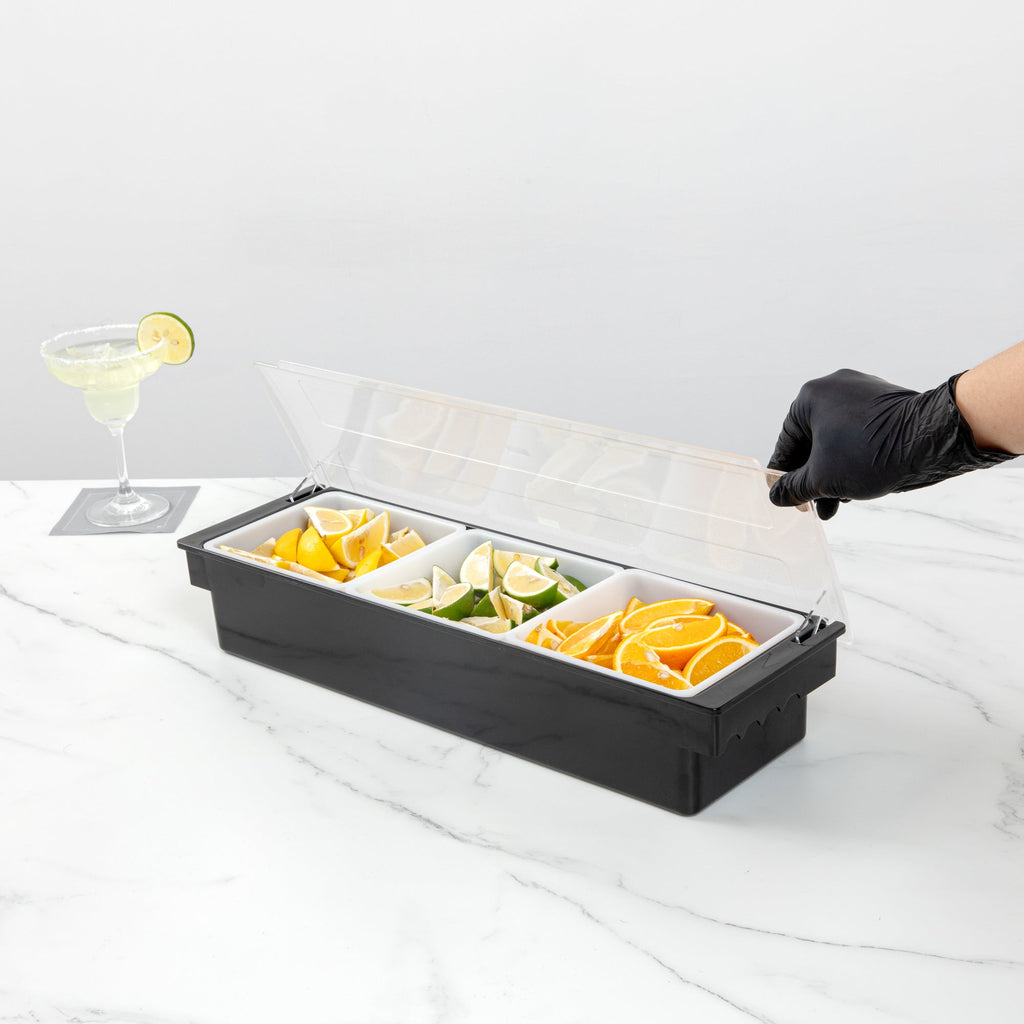 Bar Lux Black Plastic Condiment Caddy - 3 Compartments - 19 1/2" x 6 1/4" x 3 3/4" - 1 count box