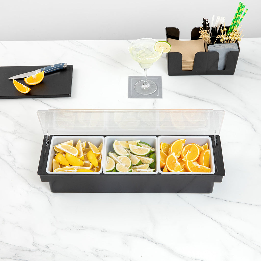 Bar Lux Black Plastic Condiment Caddy - 3 Compartments - 19 1/2" x 6 1/4" x 3 3/4" - 1 count box