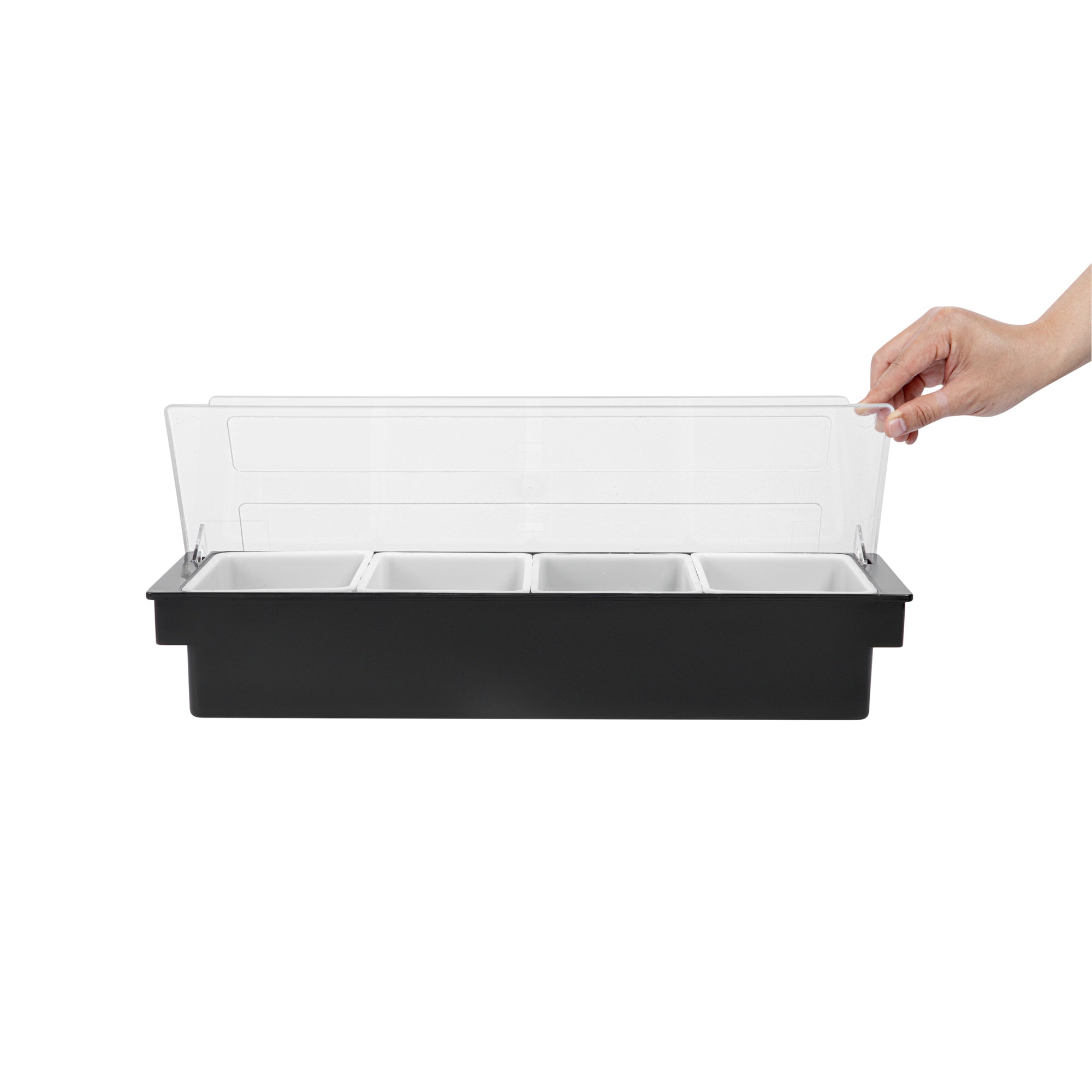Bar Lux Black Plastic Condiment Caddy - 4 Compartments - 19 1/2" x 6 1/4" x 3 3/4" - 1 count box