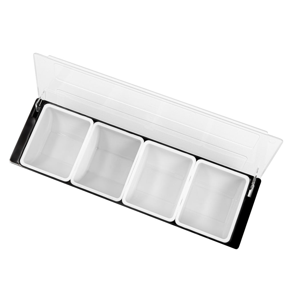 Bar Lux Black Plastic Condiment Caddy - 4 Compartments - 19 1/2" x 6 1/4" x 3 3/4" - 1 count box