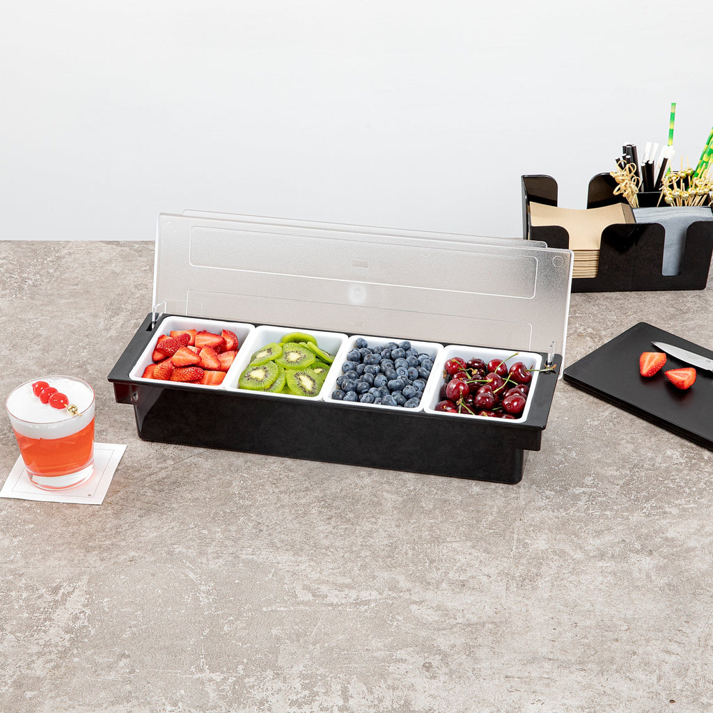 Bar Lux Black Plastic Condiment Caddy - 4 Compartments - 19 1/2" x 6 1/4" x 3 3/4" - 1 count box