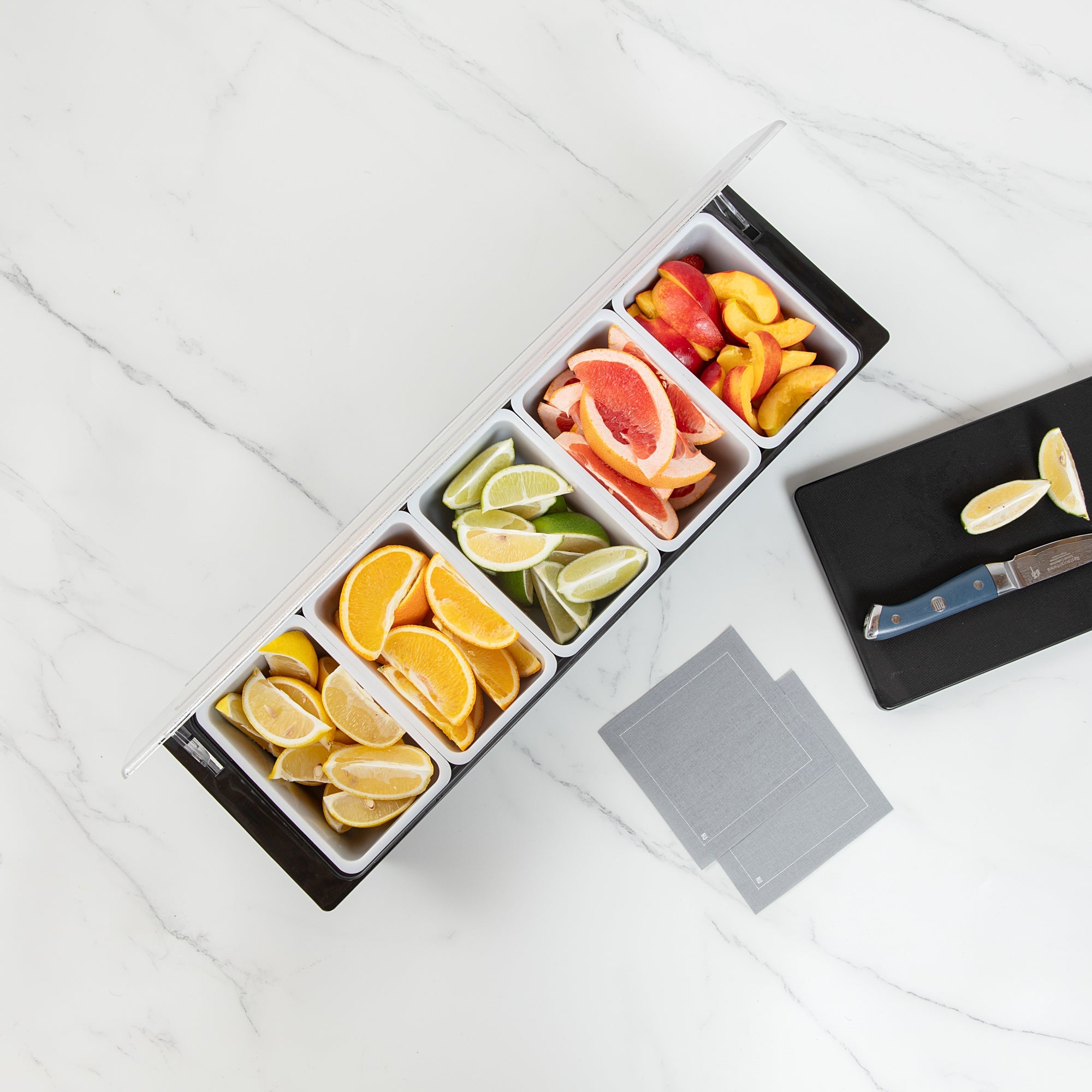 Bar Lux Black Plastic Condiment Caddy - 5 Compartments - 19 1/2" x 6 1/4" x 3 3/4" - 1 count box