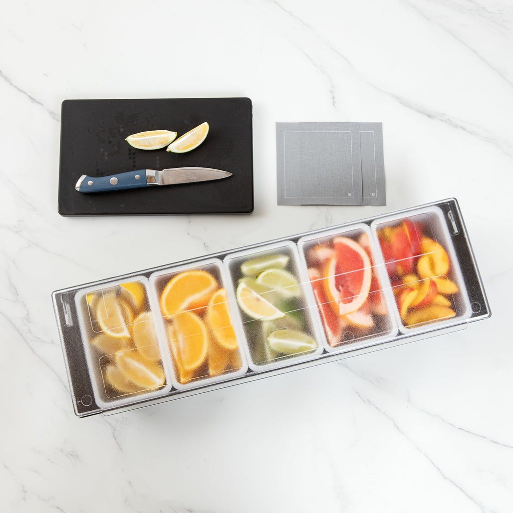Bar Lux Black Plastic Condiment Caddy - 5 Compartments - 19 1/2" x 6 1/4" x 3 3/4" - 1 count box