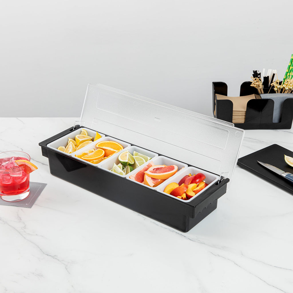 Bar Lux Black Plastic Condiment Caddy - 5 Compartments - 19 1/2" x 6 1/4" x 3 3/4" - 1 count box