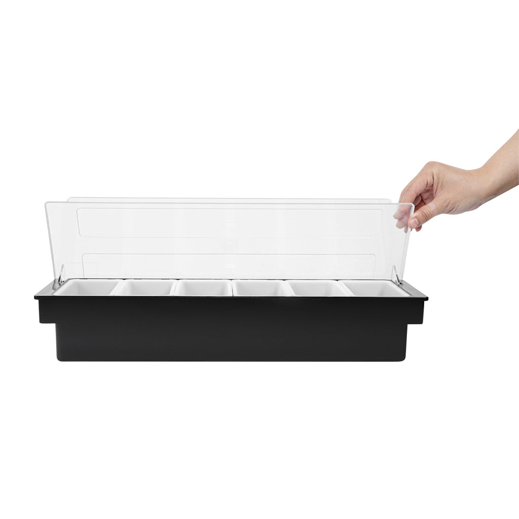 Bar Lux Black Plastic Condiment Caddy - 6 Compartments - 19 1/2" x 6 1/4" x 3 3/4" - 1 count box