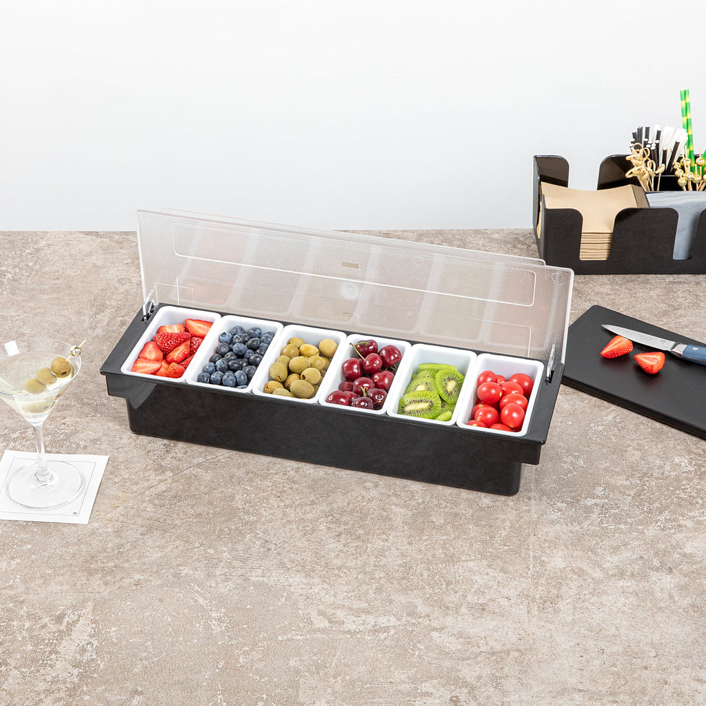 Bar Lux Black Plastic Condiment Caddy - 6 Compartments - 19 1/2" x 6 1/4" x 3 3/4" - 1 count box