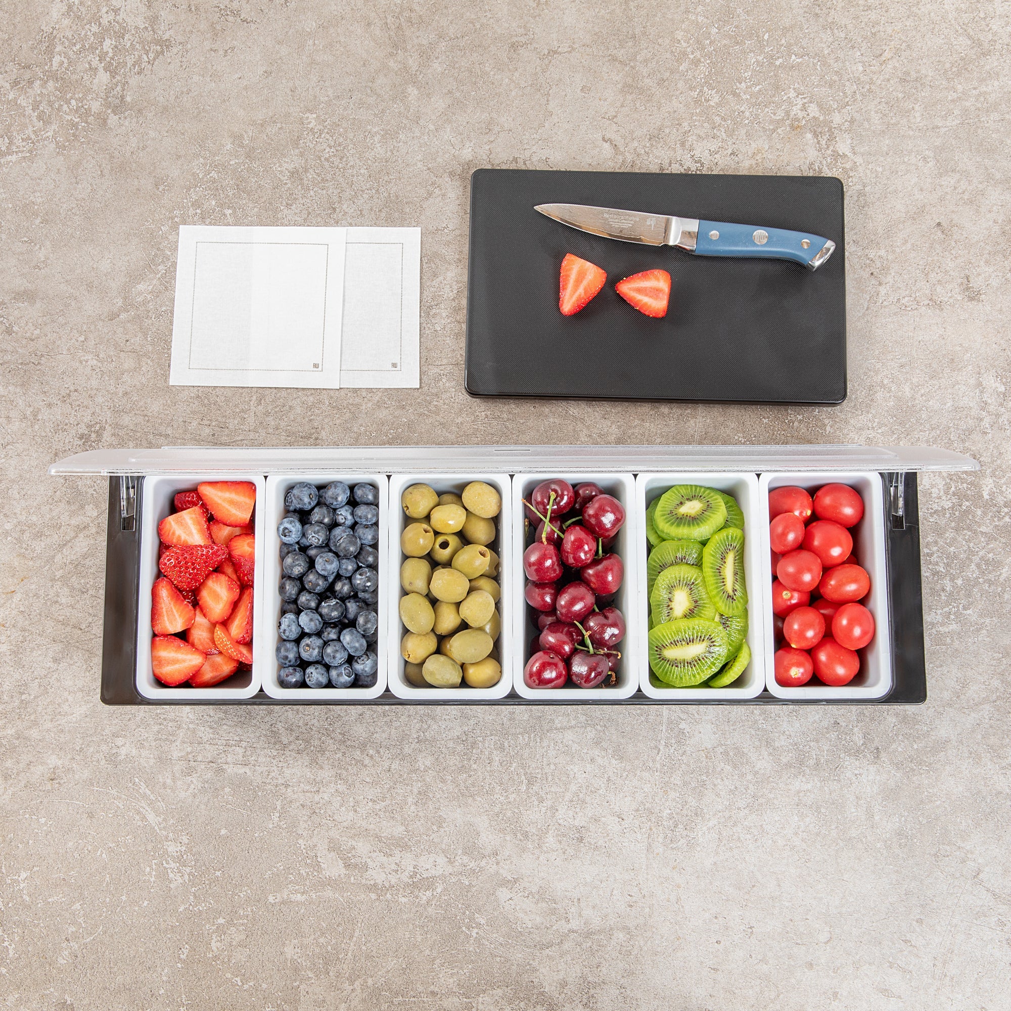 Bar Lux Black Plastic Condiment Caddy - 6 Compartments - 19 1/2" x 6 1/4" x 3 3/4" - 1 count box