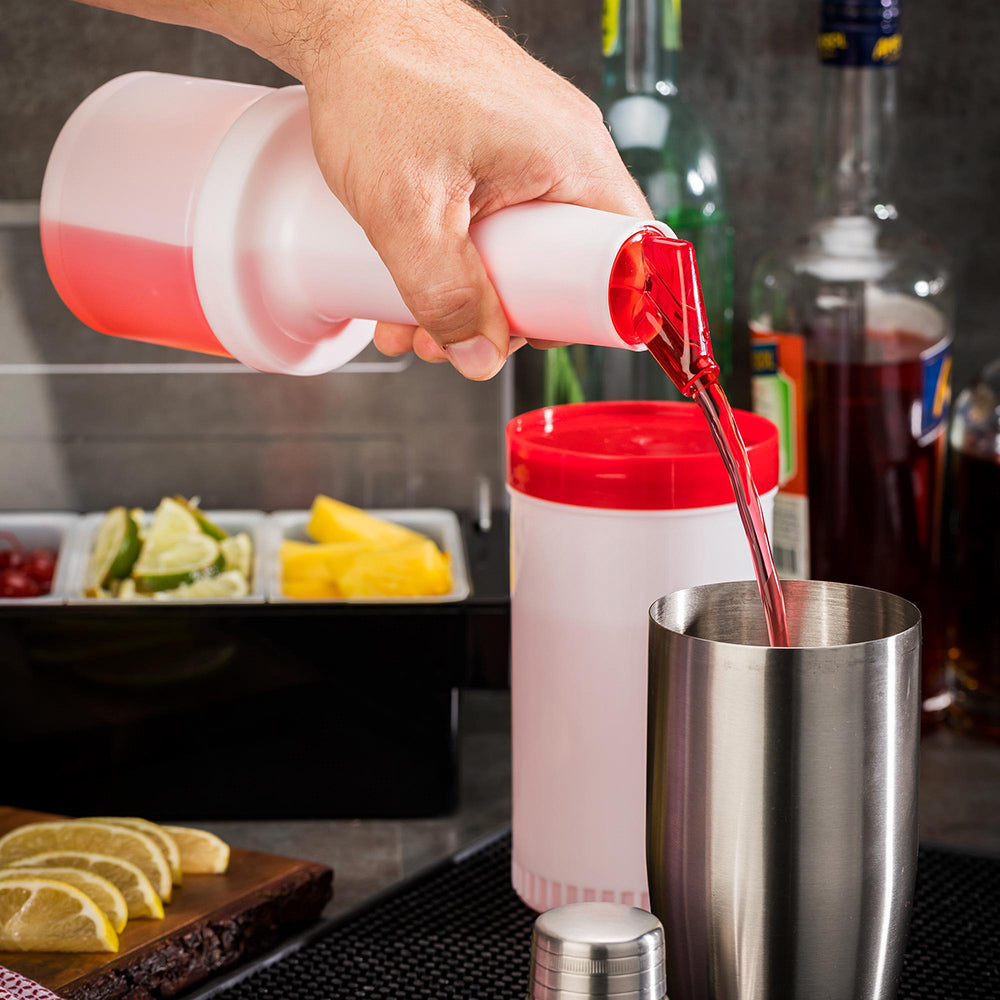 Bar Lux 0.5 qt Plastic Quick Pour Storage Container Bottle - with Red Spout and Lid - 3 1/2" x 3 1/2" x 10 1/4" - 1 count box